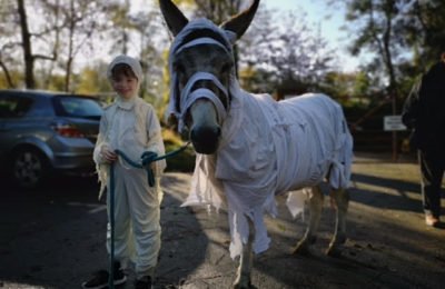 Tristan Brown with his donkey Firecracker, ready for the off!