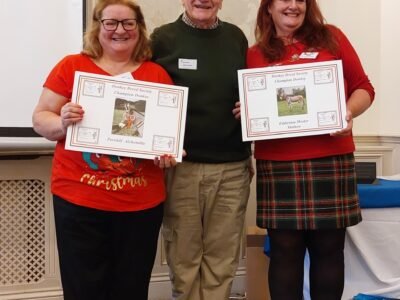 DBS President Bill Tetlow presenting DBS Champion Certificates to Pam Moon-Perehill Alchemilla and Liz Brown -Eddieston Master Matthew